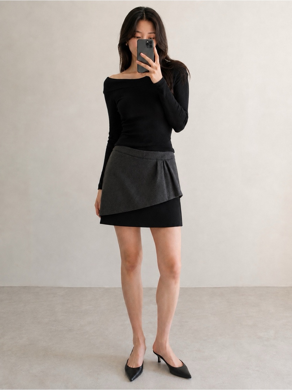 Maje Asymmetrical Gray Black Mini Skirt xs